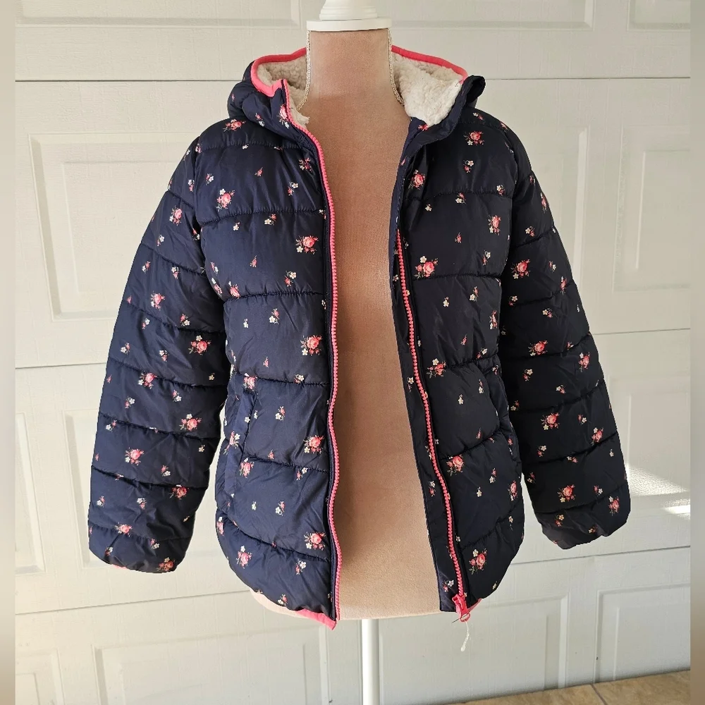 GAP Kids XL Floral Puffer Jacket Hooded Sherpa Lined Winter Coat Cottagecore - Picture 2 of 9